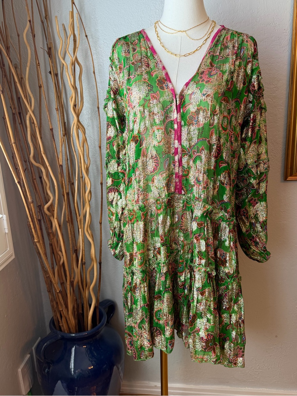 145~ Miss June Paris Green Metallic Paisley Tiered Ruffle Dress Boho Long Sleeve